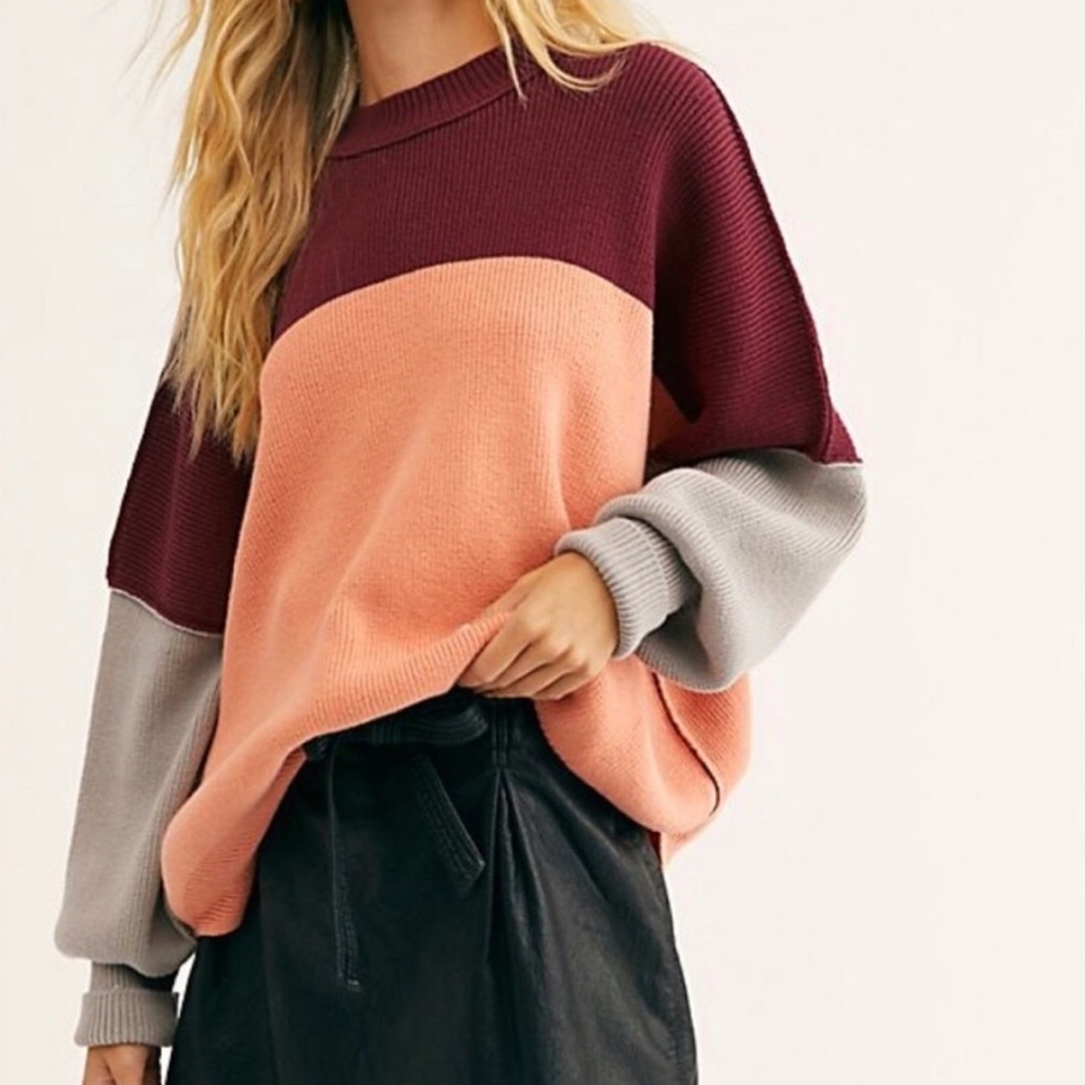 Free People Colorblock Sweater in Burgundy, Peach & Light Gray